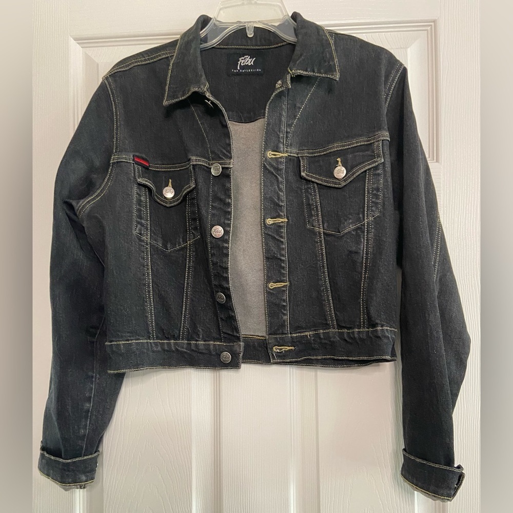 Vintage FUBU Jean Jacket Women’s L Black Cropped Denim Y2K 90s Hip Hop 2000s
